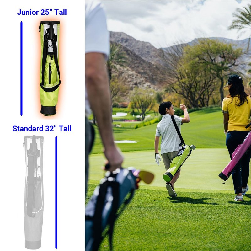 Orlimar Pitch 'N Putt Junior Golf Bag with Stand, Lime Green 25" Tall Ultra-Lightweight Kids Golf Club Bag for 7 or Fewer Clubs with 2 Way Divider Top 1 Zippered Pocket Shoulder Strap Carry Handle