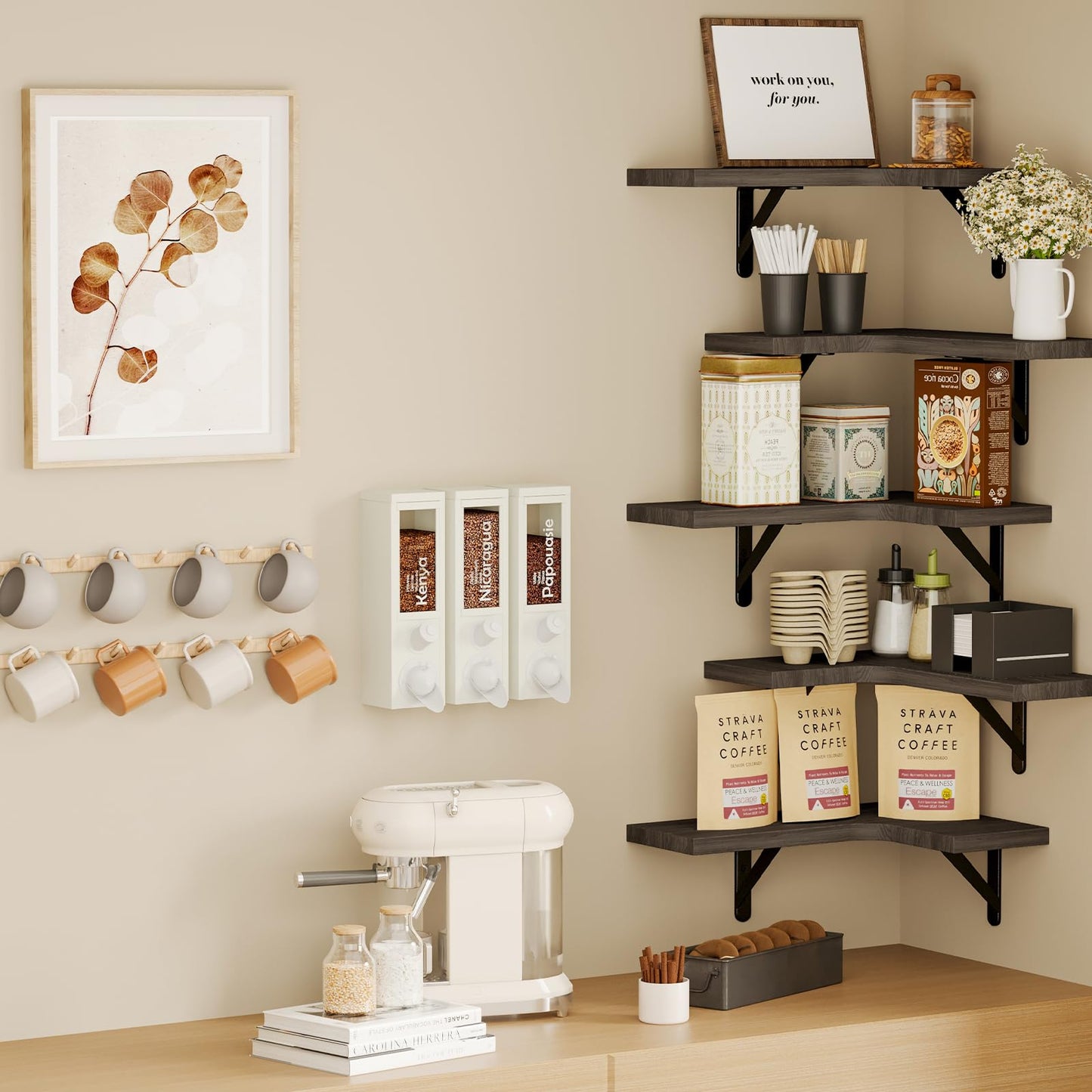 Fixwal Floating Shelves for Wall, Rustic Wood Wall Mounted Corner Shelf for Bathroom, Kitchen, Bedroom, Home Decor, Laundry Room, Living Room, Set of 5 (Weathered Grey)