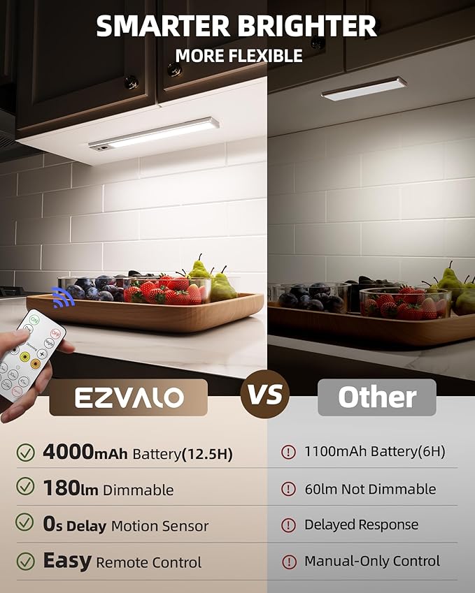EZVALO 3 Pack Under Cabinet Lighting, 4000mAh Rechargeable Motion Sensor Light, 16inch Magnetic Closet Lights with Dimmable & 3 Color Temps, Wireless Motion Activated Lights with Remote for Kitchen