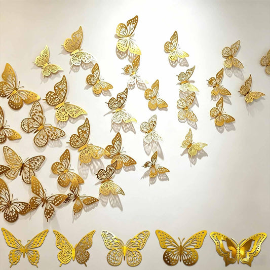 Kisajar Butterfly Wall Decor,108 Pcs 3D Gold Butterflies - 5 Styles 3 Sizes Removable Decorative Butterflies Stickers for Bouquets,Birthday Party,Wedding,Cake Decorations