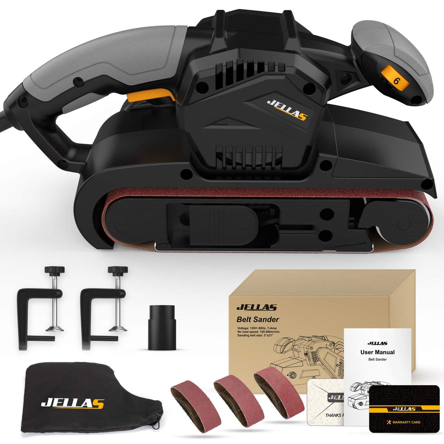 Jellas 7Amp Belt Sander 3 × 21-Inch with Dust Bag, Bench Sander with Variable-speed Control, 2 in 1 Vacuum Adapter, 10 Feet (3 Meters) Length Power Cord - BS750