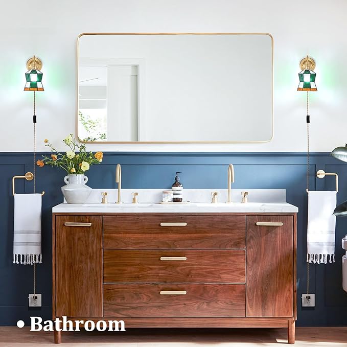 Plug in Wall Sconces Set of 2, Vintage Wall Lamps with Polygonal Checker Stained Glass Shade, Brass Lights Fixture Decor for Bedroom Bathroom Living Room Hallway