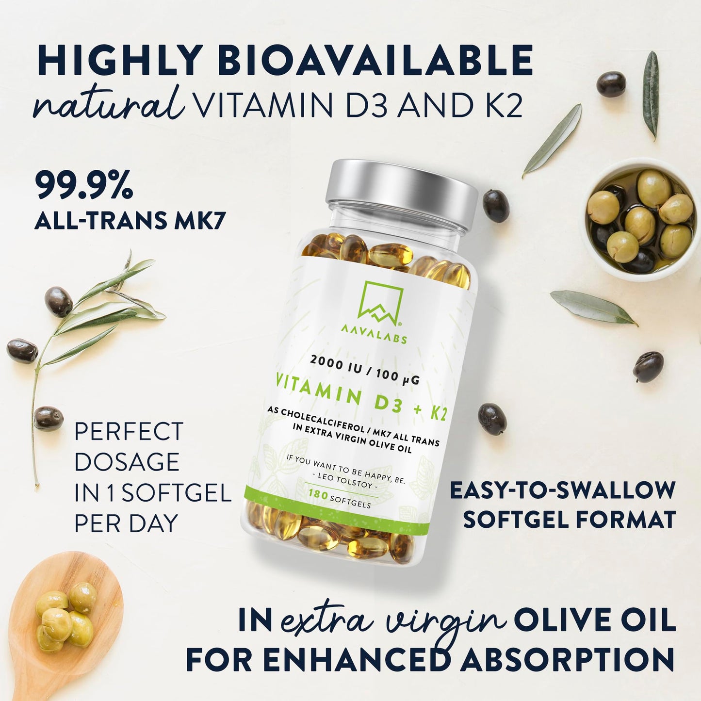 Vitamin D3 K2 MK7 (99.9% All-Trans) with Extra Virgin Olive Oil - 180 Softgels D3 and K2 Vitamin Supplements