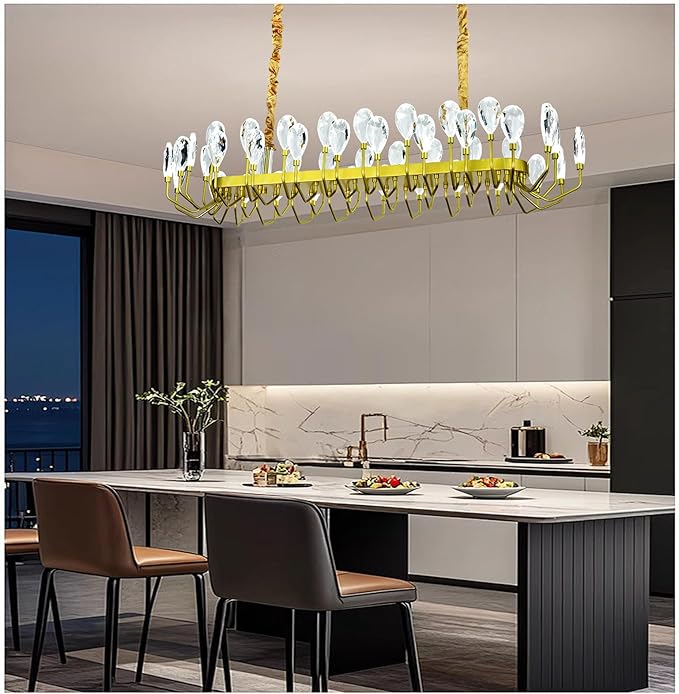 Modern Crystal Chandelier for Dining Room, Luxury Gold Rectangular Crystal LED Chandelier, Farmhouse Adjustable Pendant Ceiling Light for Living Room Kitchen Island L47.25