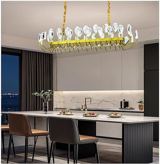 Modern Crystal Chandelier for Dining Room, Luxury Gold Rectangular Crystal LED Chandelier, Farmhouse Adjustable Pendant Ceiling Light for Living Room Kitchen Island L47.25
