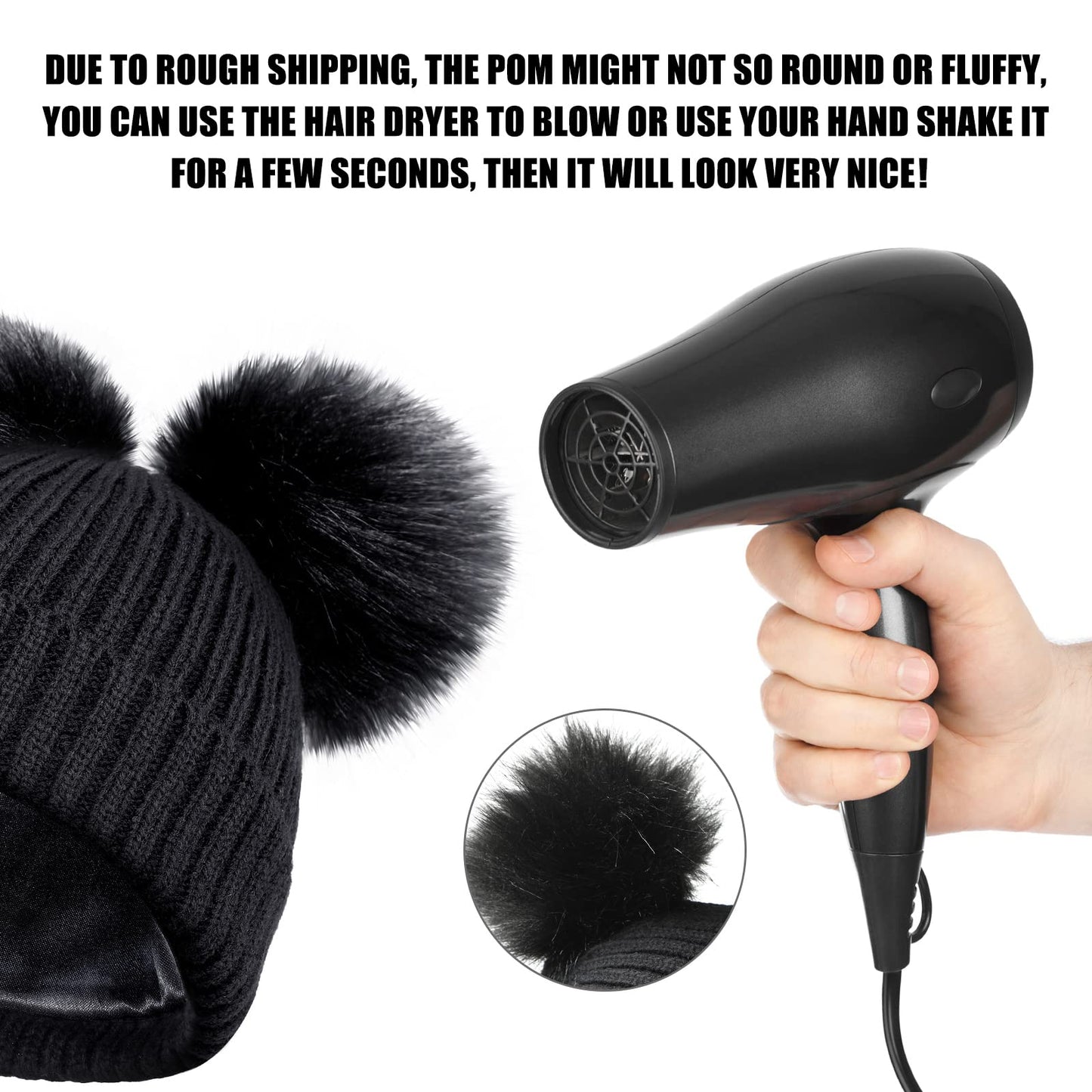 SATINIOR 2 Pieces Satin Lined Winter Hats Women Knitted Pompom Beanies Hat Touchscreen Gloves Set for Women(Black)