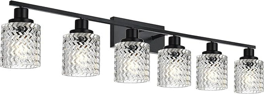 MELUCEE 6 Lights Bathroom Lighting Fixtures Over Mirror Black with Hammered Glass Shade, Vanity Light Indoor Wall Mounted Lamp for Bathroom Bedroom Kitchen
