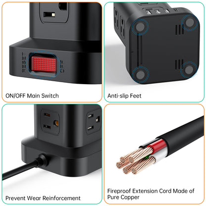 Extension Cord with Multiple Outlets, Surge Protector Power Strip Tower, 12 AC 4 USB，Surge Protector Tower 6.5FT Overload Protection for Home Office