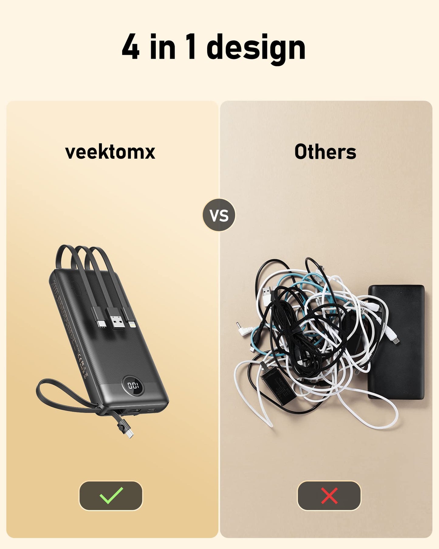 VEEKTOMX Portable Charger Built-in Cables,10000mAh Power Bank for iPhone,Fast Charge USB C Battery Pack Travel Essentials Powerbank Compatible with iPhone 17/16/15/14, Samsung S25/24, Android, etc