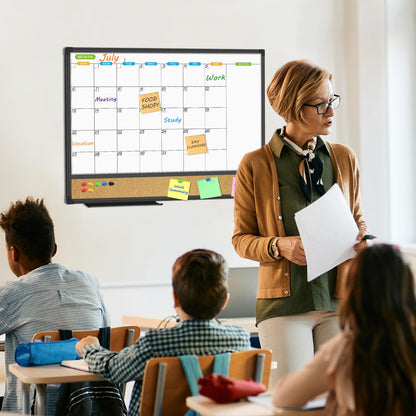 JILoffice Magnetic Calendar Whiteboard & Bulletin Corkboard Combination, Combo Board 24 x 18 Inch, Black Aluminum Frame Wall Mounted Board for Office Home and School with 10 Push Pins