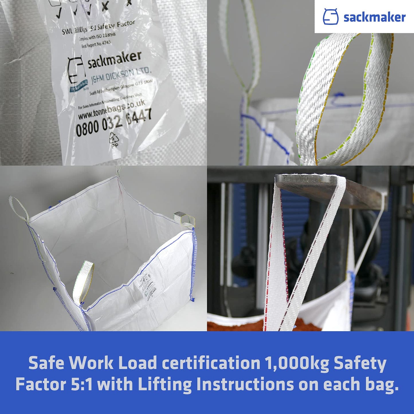 sackmaker FIBC Bulk Bag - One Tonne Builders Bag - Heavy Duty Garden Waste Bag Extra Large - Premium Grade Dumpy Bag with 4 Lifting Handles and Safety Certificate