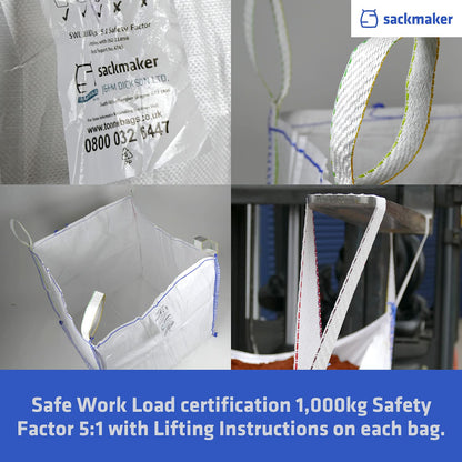 sackmaker FIBC Bulk Bag - One Tonne Builders Bag - Heavy Duty Garden Waste Bag Extra Large - Premium Grade Dumpy Bag with 4 Lifting Handles and Safety Certificate