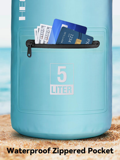 HEETA Waterproof Dry Bag with Front Zippered Pocket for Women Men, 5L/10L/20L/30L/40L Roll Top Lightweight Dry Storage Bag Backpack for Travel, Kayaking, Boating, Rafting, Camping, Beach (Blue, 5L)