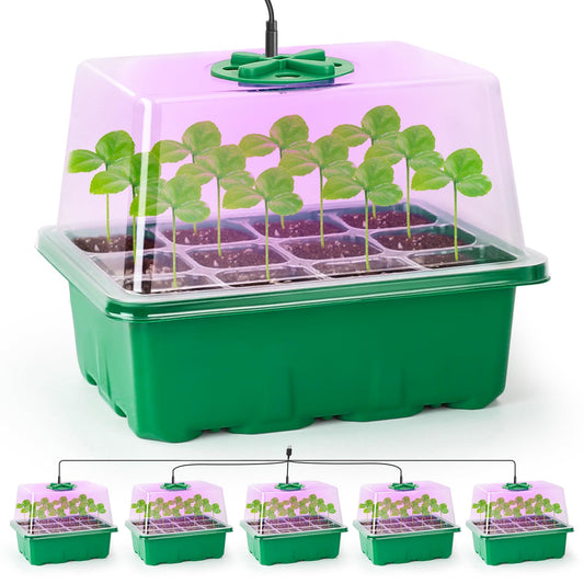 Bonviee 5 Packs Seed Starter Tray with Plant Light, Elevated Seedling Starter Trays Kits with Adjustable Humidity Domes and Clear Cell Tray, 12 Full Spectrum led lamp Beads for Plants Indoor-Green