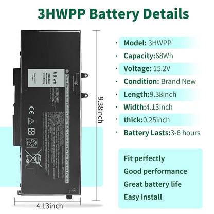 68Wh 3HWPP Replacement Battery for Dell Latitude 5410 5510 5501 5401 5411 5511 Precision 3541 3551,Inspiron 7706 2-in-1, Inspiron 17 7500 7506 2-in-1 Black 03HWPP 10X1J N2NLL 1VY7F 451-BCMN 15.2V