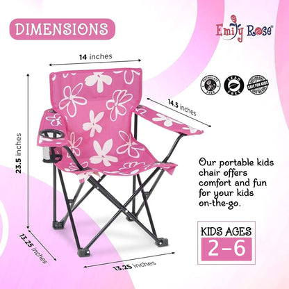 Emily Rose Kids Pink Flowers Folding Beach Camping Camp Chair with Safety Lock, Carry Case & Cup Holder - for Girls Toddlers - Tailgate, Travel, Lawn, Sports - Indoor & Outdoor | USA Company