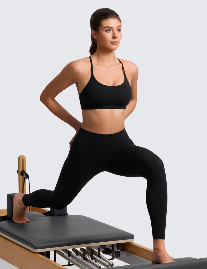 CRZ YOGA Butterlift Double Lined V Back Sports Bras for Women - Scoop Neck Spaghetti Strap Wireless Yoga Top Non Padded Black Small