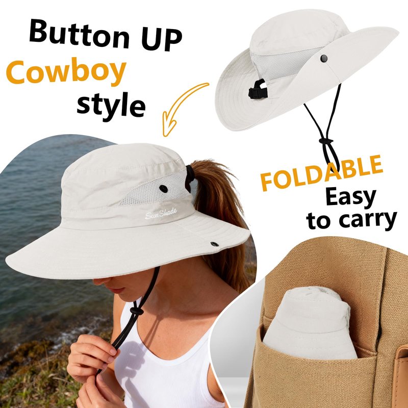 ZOORON Women's Ponytail Safari Sun Hat,Wide Brim UV Protection Outdoor Bucket Hat,Foldable Beach Summer Fishing Hat