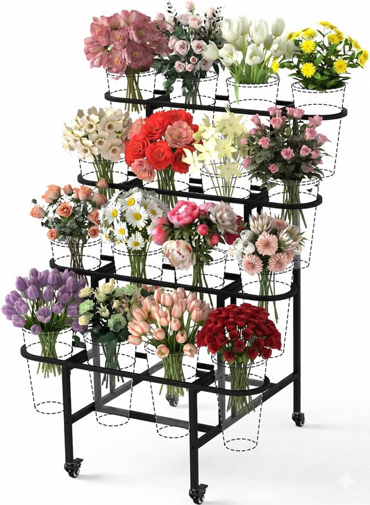 YAGEANNL 4 Tier Flower Display Stand, Metal Flower Bar Stand for Fresh Flowers Without 16pcs Buckets, Heavy Duty Garden Flower Cart Display Stand with Wheels