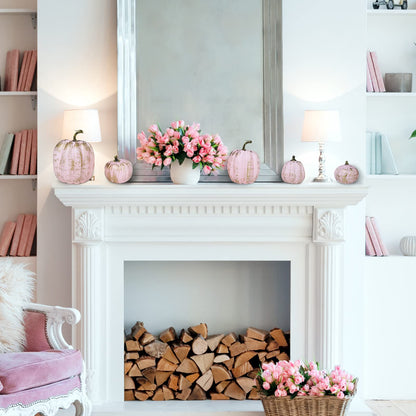 7 Pcs Assorted Artificial Gold Brushed Pink Pumpkins Rustic Decorative Foam Pumpkins for Fall Halloween Harvest Wedding Baby Shower Tabletop Centerpiece Mantel Kitchen Decoration