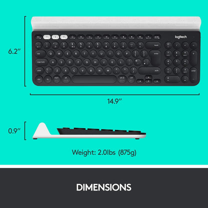 Logitech K780 Multi-Device Wireless Keyboard for Windows, Apple android or Chrome, Wireless 2.4GHz and Bluetooth, Quiet, PC/Mac/Laptop/Smartphone/Tablet, QWERTY UK Layout - Dark Grey/White