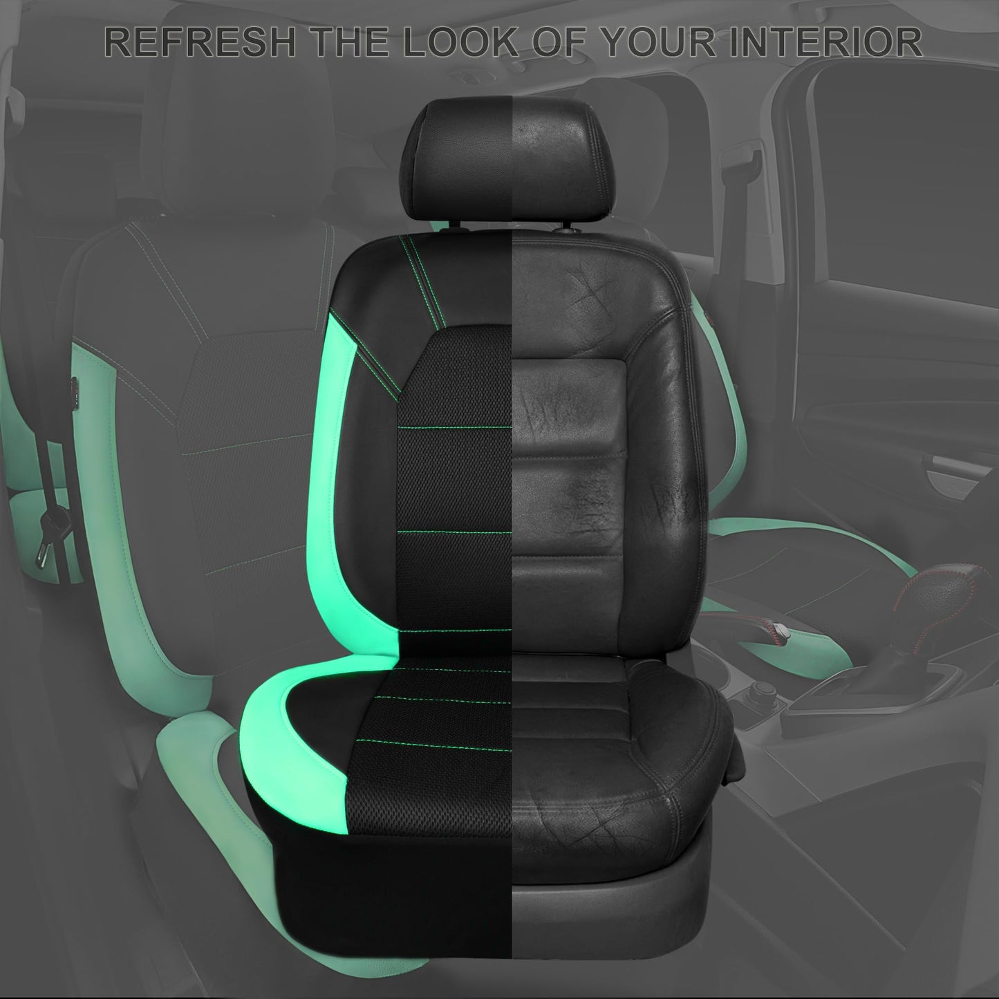 CAR PASS Leather Seat Covers, Breathable Universal Car Seat Cover Full Set for Cute Women Girly,Super 5mm Composite Sponge Inside,Airbag Compatible Fits Most Auto,SUVs,Trucks,Vans(Full Set,Black&Mint)