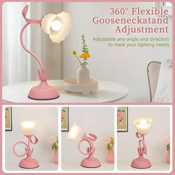 Vintage Flower Table Lamp, 3 Color Temperature Flexible Gooseneck Cute Small Desk Lamp for Bedroom, Kawaii Nightstand Bedside Lamps for Living Room, Dorm, Office, Home Decor (Pink)