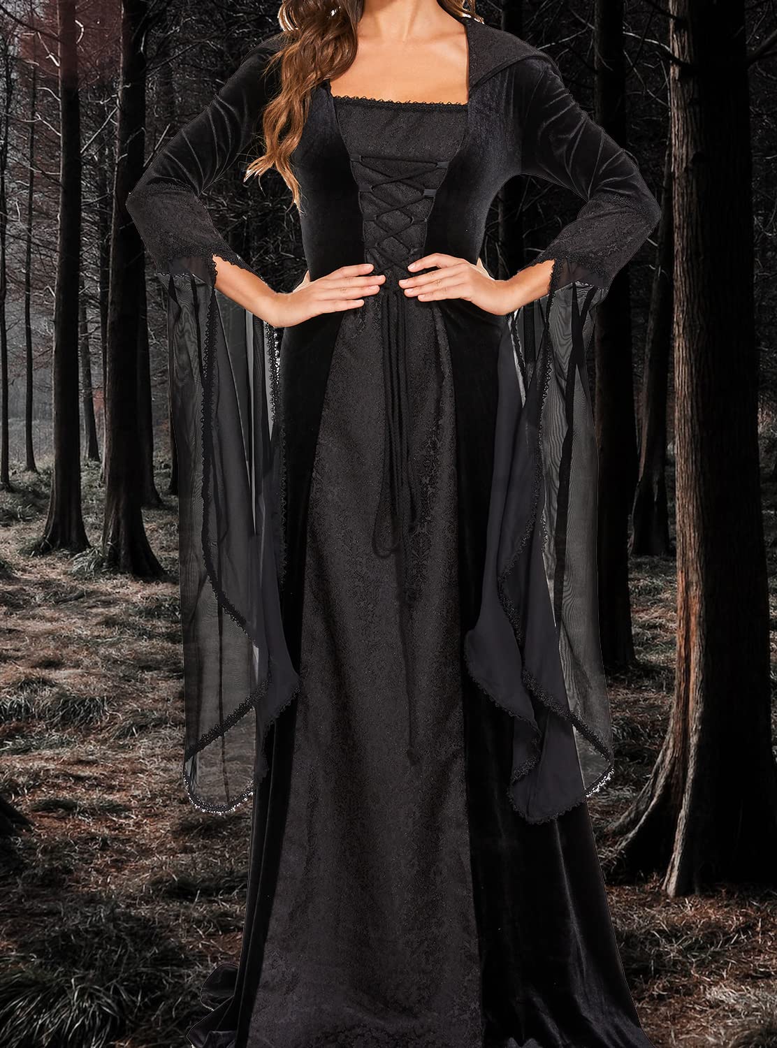 BITSEACOCO Deluxe Witch Dress Costume for Women, Vintage Embroidered Renaissance Victorian Gothic Hooded Vampire Gown Dress Cosplay (Black, L)