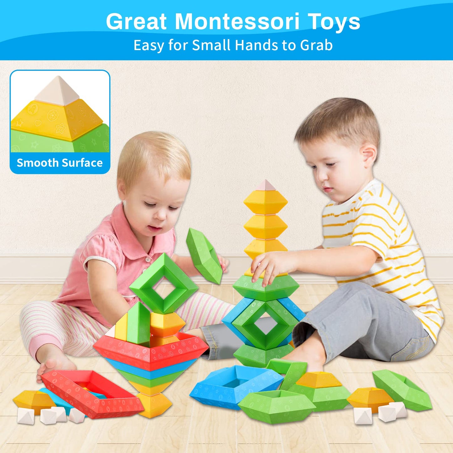Hieoby Montessori Toys for 1 2 3 4 Year Old Boys Girls Toddlers Preschool Learning Activities 30Pcs Building Blocks Stacking Educational Toys STEM Sensory Gifts for Kids Age 1-2 2-4