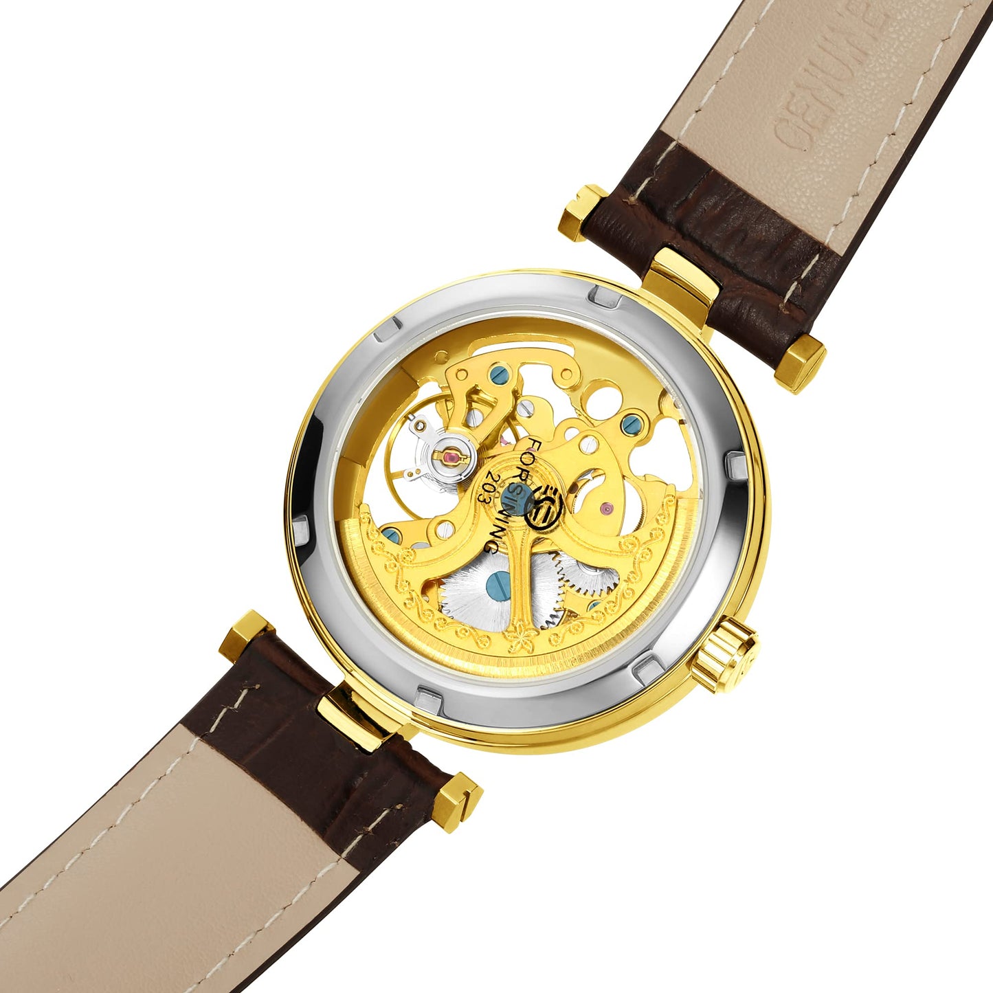 CARLIEN Skeleton Automatic Steampunk Watches Gold-Tone Luminous Hands Leather Strap Wrist-Watch (Gold)