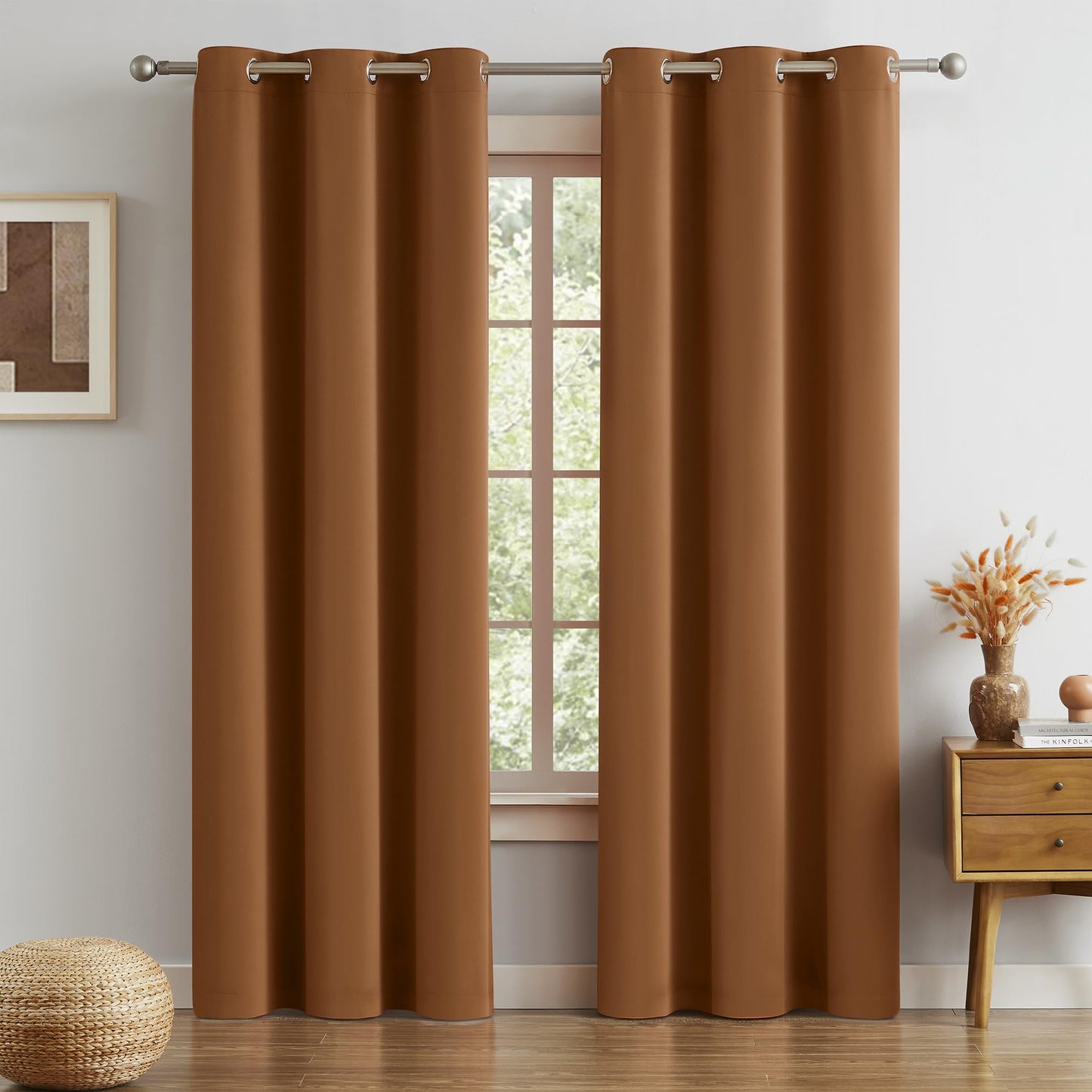 DUALIFE Blackout Curtains 90 Inches Long Sleek Narrow Curtains for Small Window Laundry Office Fall Luxury Decor Doorway Curtain Panels(2 Panels, Dark Oak Golden Brown, W34 x L90)