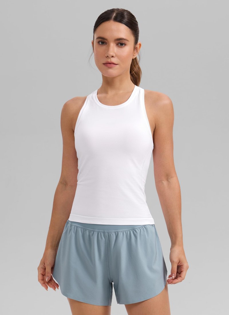 CRZ YOGA Seamless Workout Tank Tops for Women - Athletic Running Gym Sleeveless Shirts Crewneck Racerback Breathable White Medium