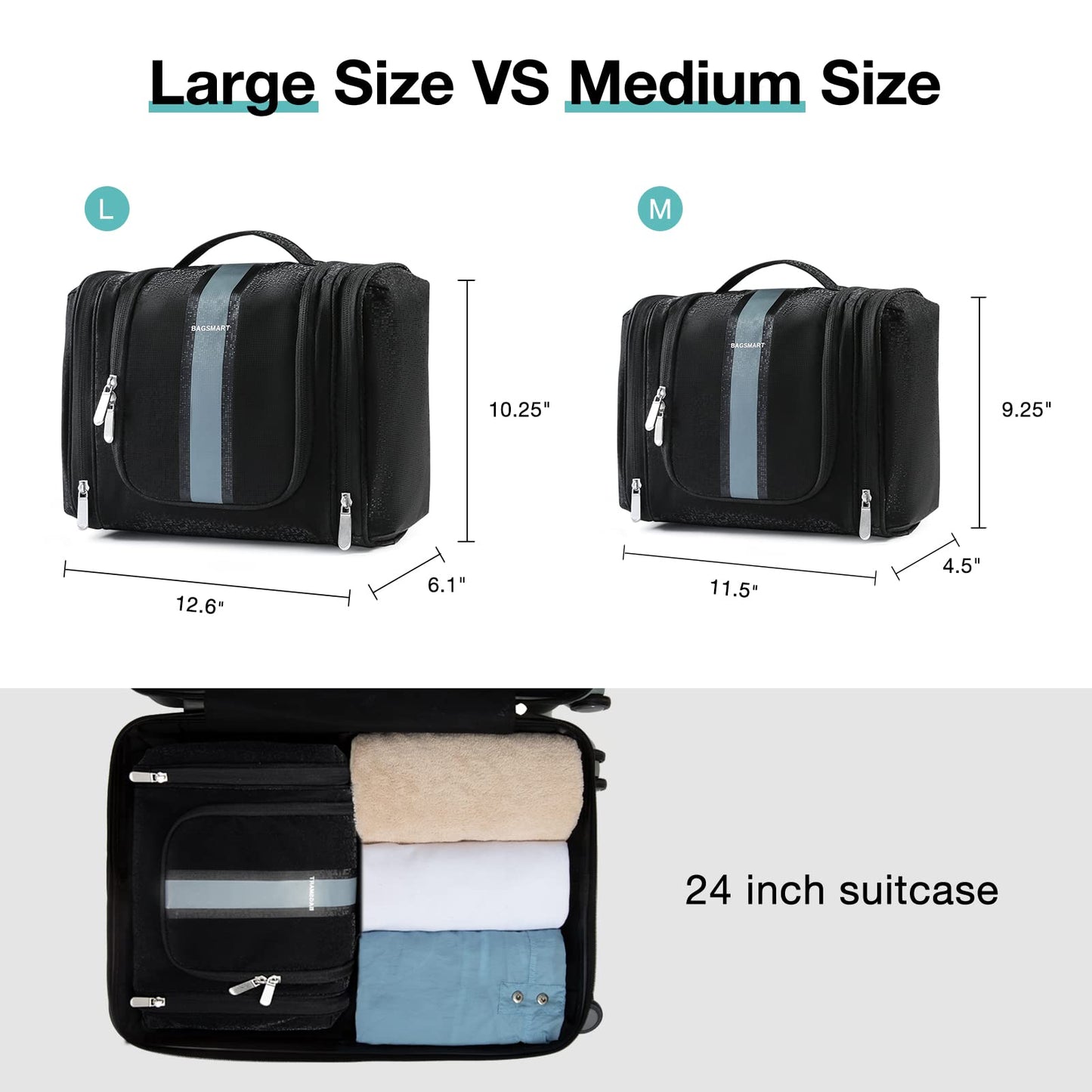BAGSMART Extra Large Toiletry Bag Hanging Toiletry Bag for Travel, Water-resistant Cosmetic Makeup Travel Bag, Capacity Travel Bag Organizer for Full-size Toiletries, Black-Large