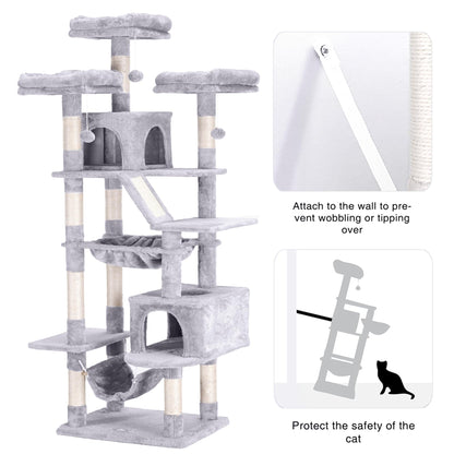 Heybly Cat Tree, 73 inches Tall Cat Tower for Large Cats 20 lbs Heavy Duty for Indoor Cats,Big Cat Furniture Condo for with Padded Plush Perch, Cozy Basket and Scratching Posts Light Gray HCT030W