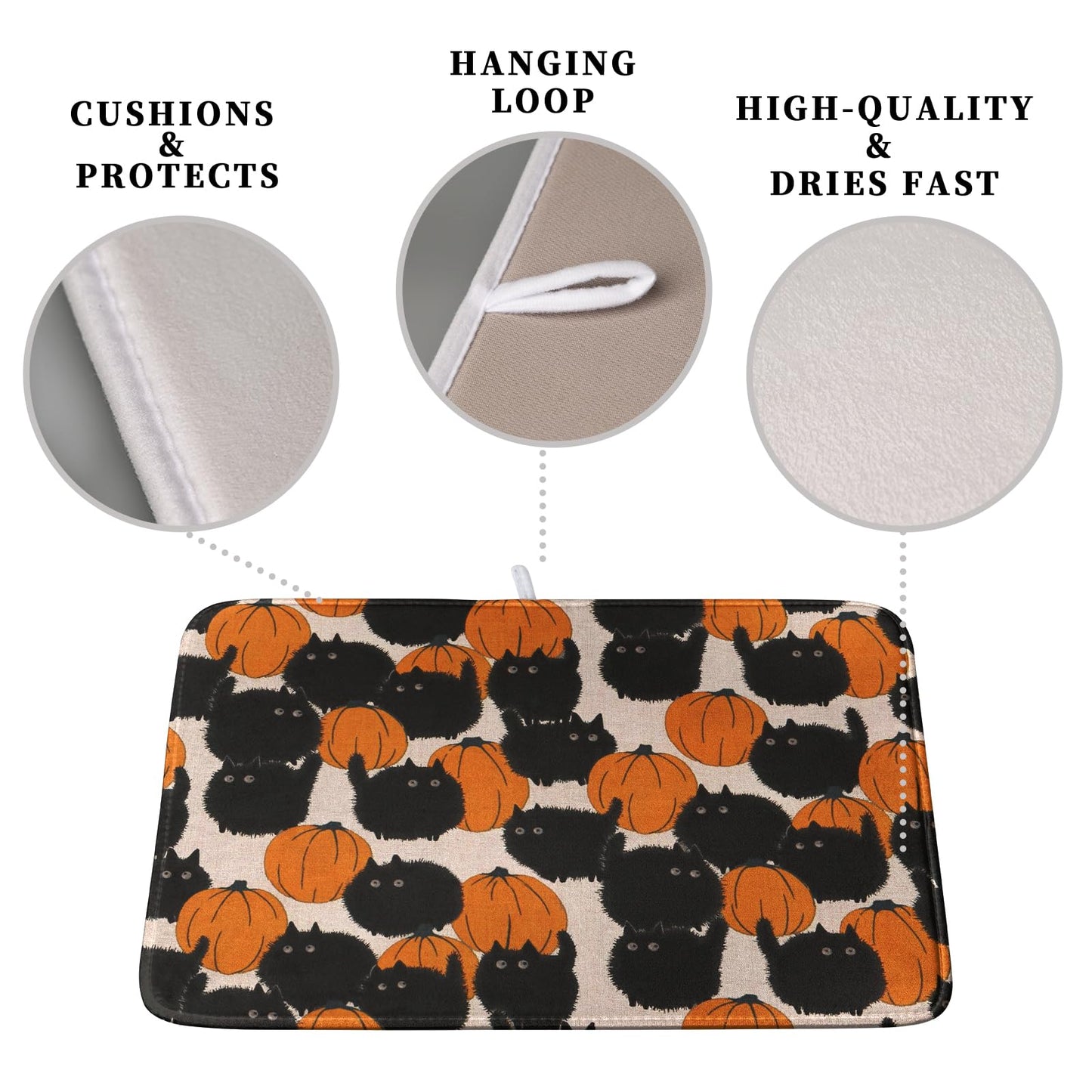 Happy Halloween Dish Drying Mat for Kitchen Counter 18x24 Inch Cute Pumpkin Black Cat Trick or Treat Drying Mats Large Microfiber Absorbent Dish Rack Pad for Coffee Bar Sinks Home Accessories