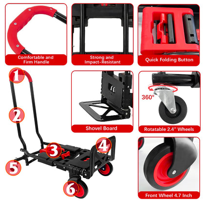 Folding Hand Truck, Portable Dolly Cart with Rubber Wheels and Retractable Handle, 2 in 1 Design 264lbs Capacity Hand Cart Foldable for Transportation/Luggage/Mobile/Travel/Office Use