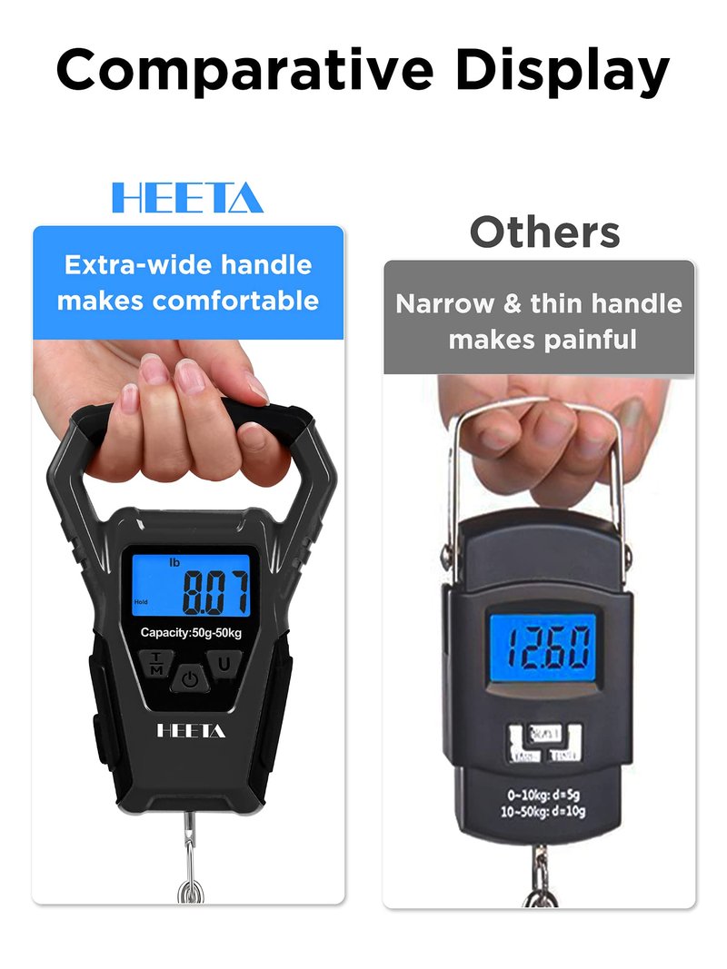 HEETA Waterproof Fish Scale Digital with Backlit LCD Display, 110lb/50kg Portable Hanging Scale Fishing Scale for Home and Outdoor, Measuring Tape and 2 AAA Batteries Included (Black)