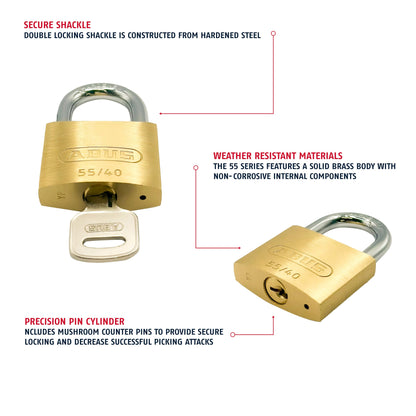 ABUS 55/40 Solid Brass Keyed Padlock with 2 Keys, Hardened Steel Shackle with Anti Corrosion Inner Lock Components, Keyed Different