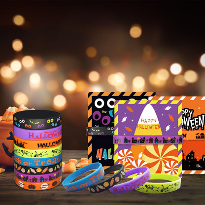 GuassLee Kids Halloween Party Favors - 40pcs Rubber Bracelets, Silicone Wristbands & Cards for Trick or Treat Gifts & Goodie Bag Fillers