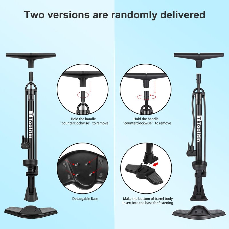 TOOLITIN Bike Pump with Gauge,160 Psi High Pressure,Floor Bicycle Pump Compatible with Presta and Schrader Valve,Detachable Bike Tire Pump for Road Bike,MTB,Hybrid,Balls
