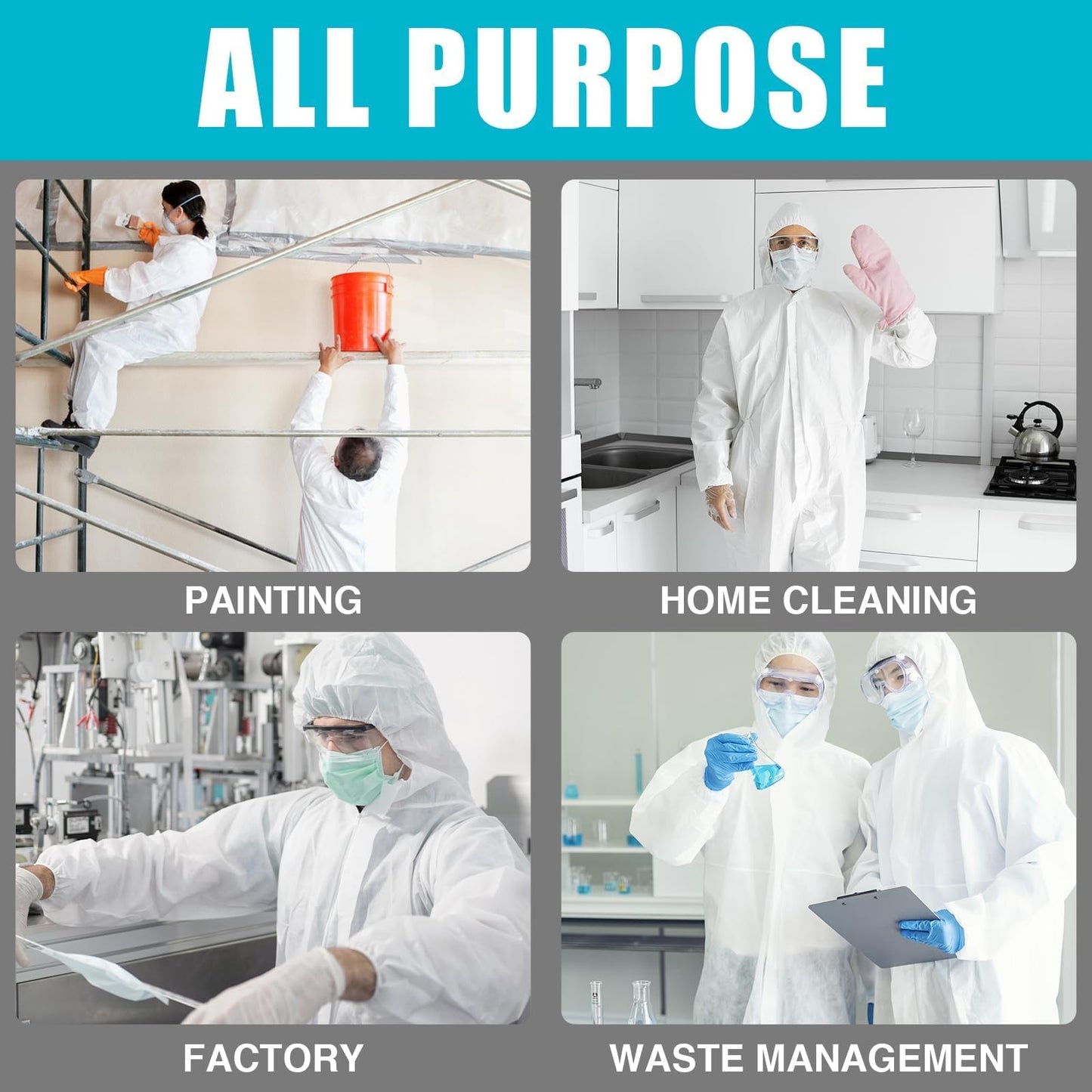 FURWEY Hazmat Suits 5 Pack Disposable Protective Coveralls, Heavy Duty Full Body Painters Suit for Men & Women with Elastic Wrists, Ankles and Hood, Available in 5 sizes-Large