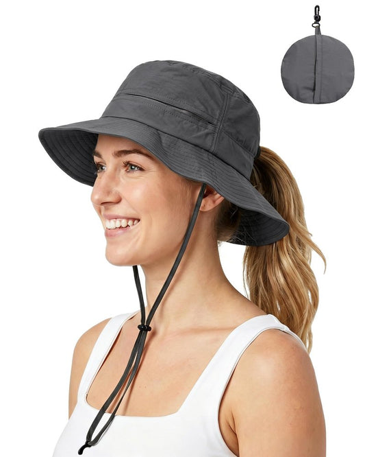 Womens Ponytail Sun Hat Packable UPF50+ Waterproof Bucket Hat Hiking Fishing Safari Hat Foldable Beach Hat Dark Grey