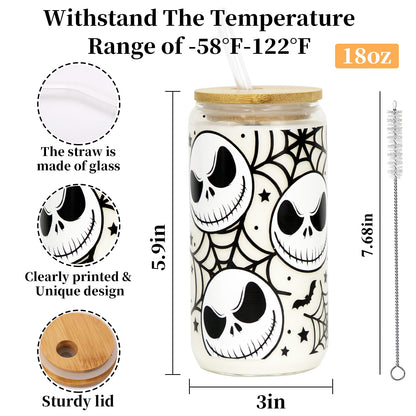 Joyseller Halloween Iced Coffee Can Glass, 18oz Nightmare Halloween Cup with Lid and Straw, Spooky Season Glass Tumbler for Fall Gifts