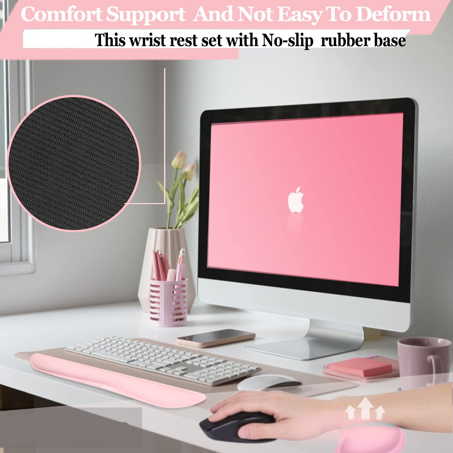 BamLue Upgrade Cleanable PU Leather Keyboard Wrist Rest, Gel Mouse Wrist Pillow Pad Set for Easy Typing & Pain Relief for Laptop, Office & Home, Ergonomic Sets for Keyboard-Pink