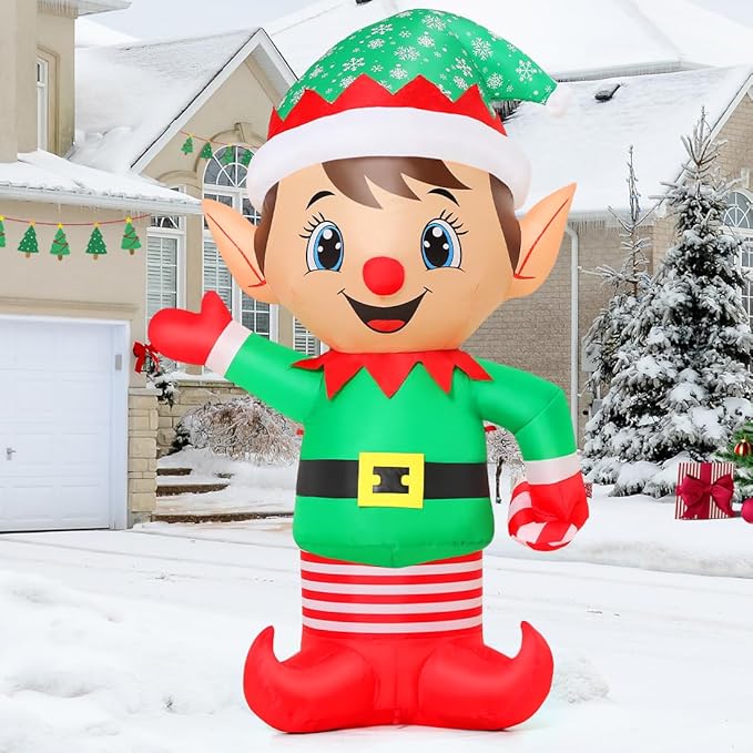 GOOSH 5.4 FT Christmas Elf Inflatable Decoration Blow Up Elf Outdoor Christmas Yard Decoration Inflatable Holiday Indoor Outdoor Party Garden Yard Decoration