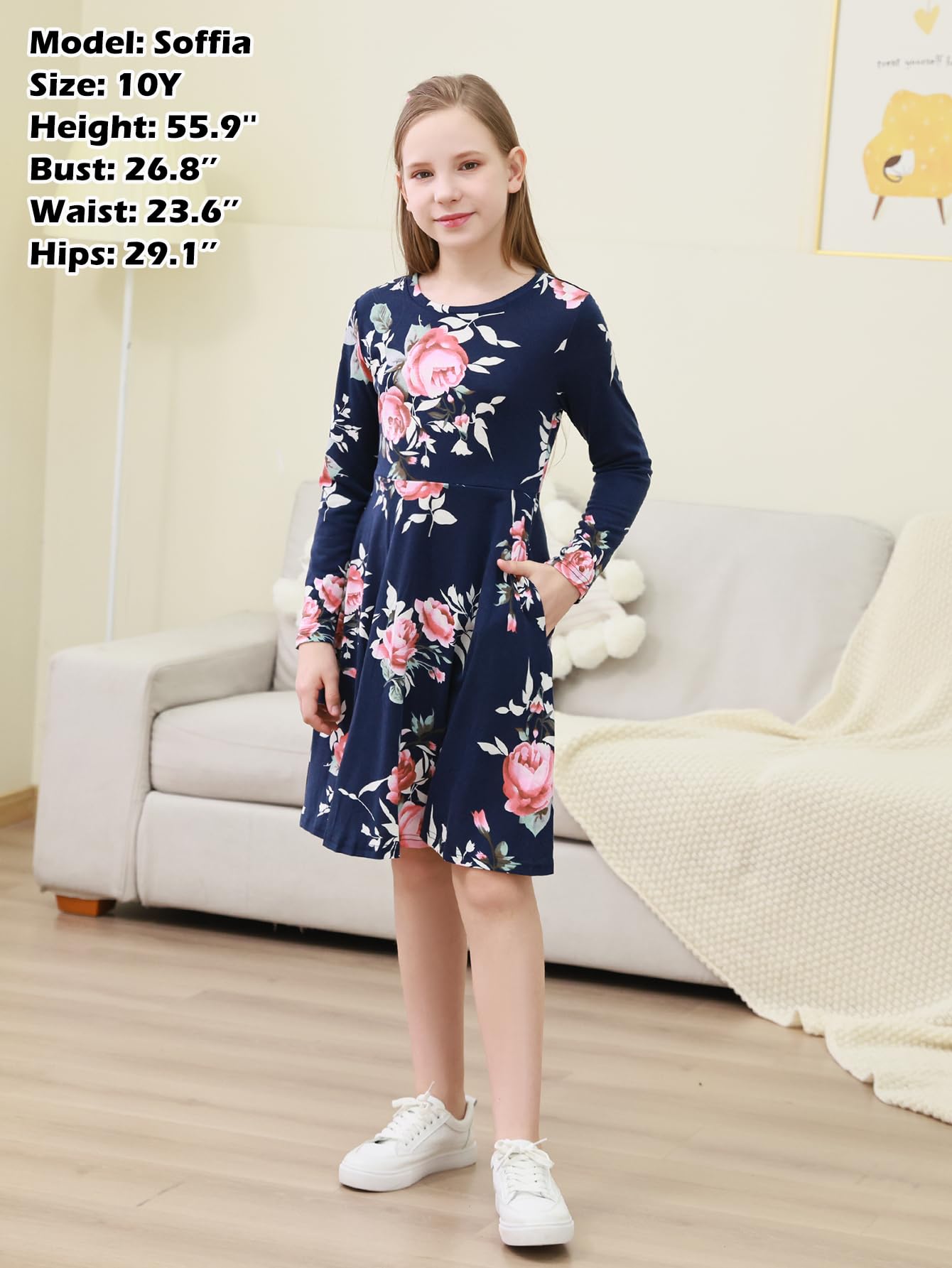 GORLYA Girls Short Sleeve Floral Print Casual Fit and Flare Party Dress with Pockets 4-12 Years (GA1002,10Y,NavyPrint-L)