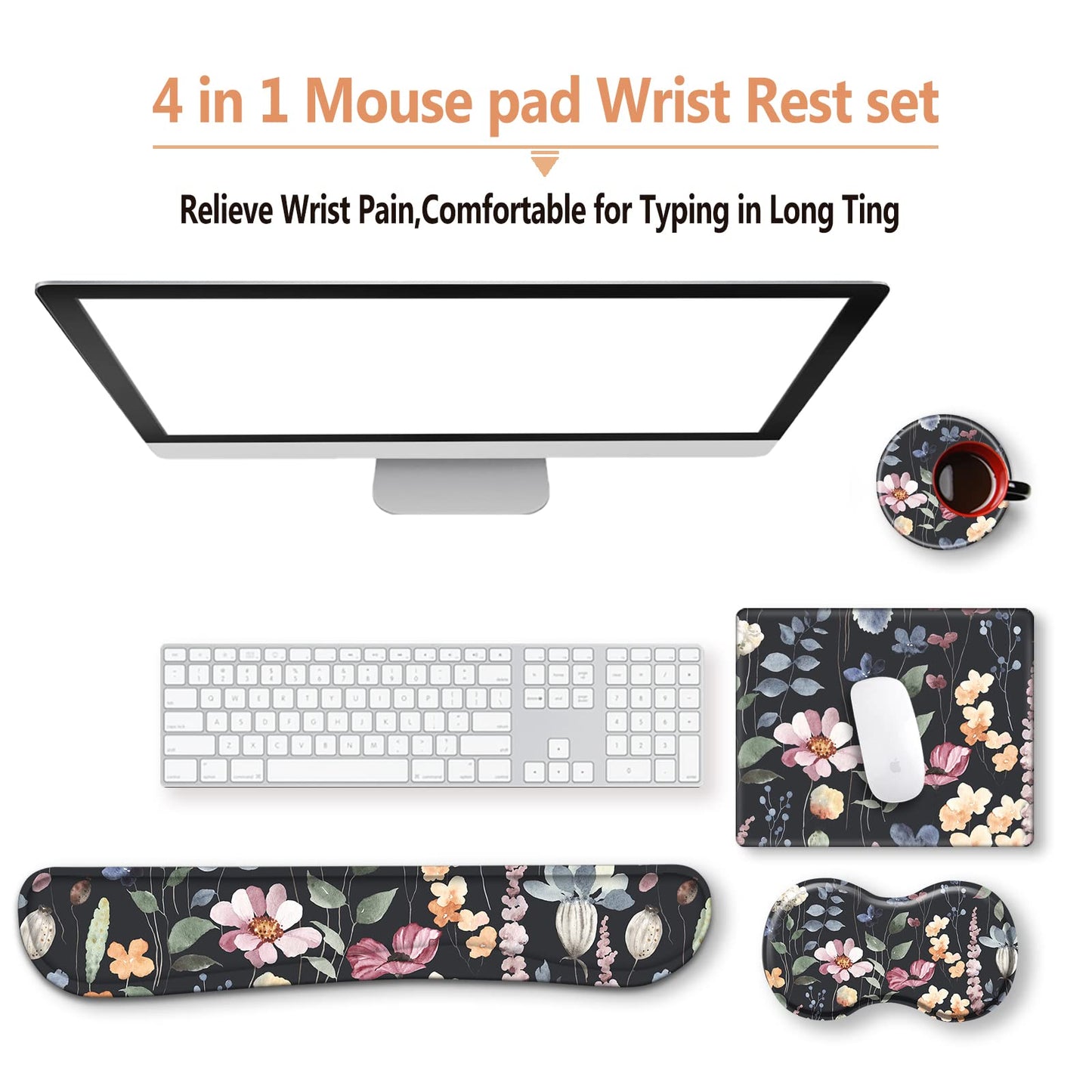 ArtSo Keyboard Wrist Rest Mouse Pad Wrist Support Ergonomic, Memory Foam Mousepad Non-Slip Base Comfortable Easy Typing Pain Relief, Flowers Plants