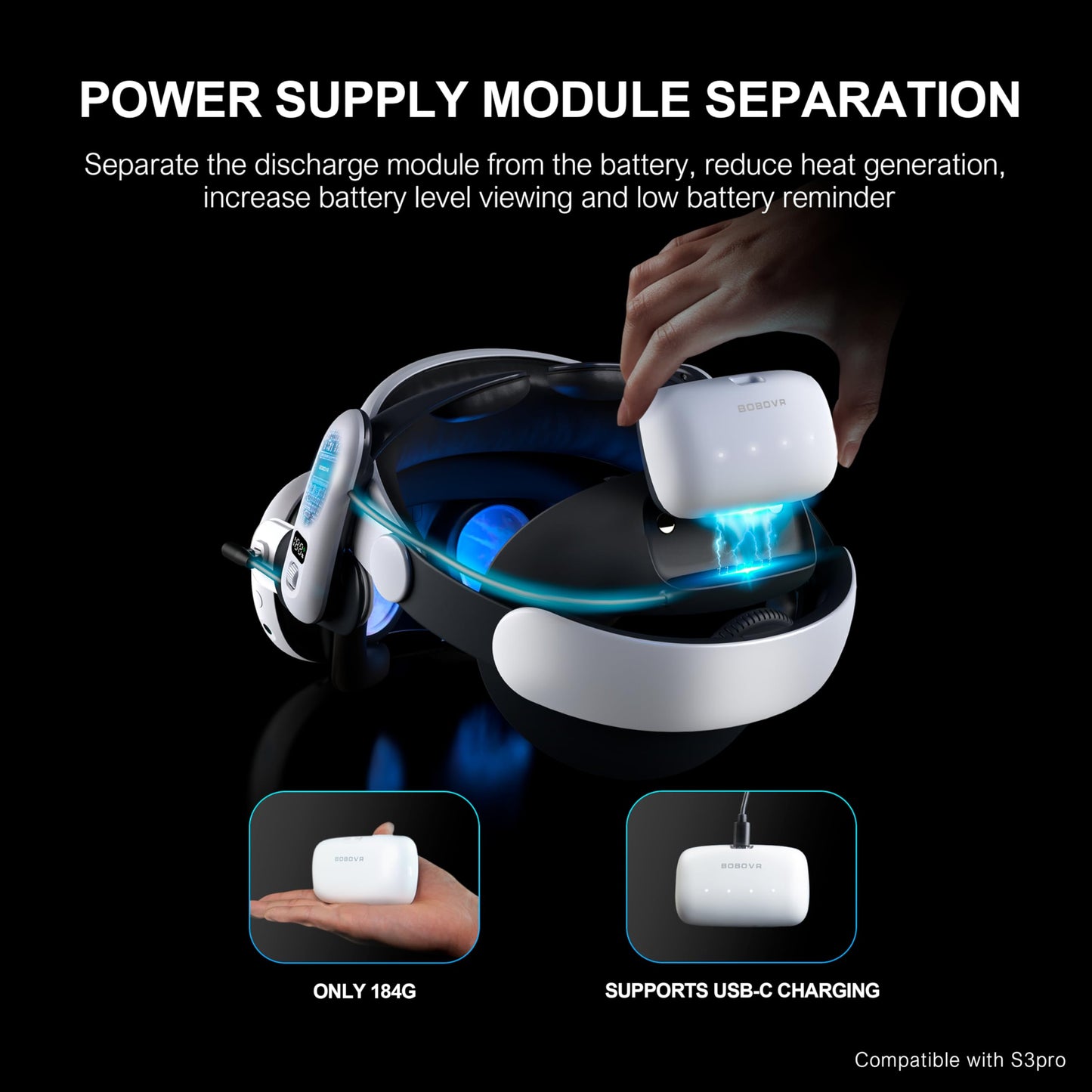 BOBOVR B100 Battery Pack for S3 Pro Replacement 10000mAh Hot-Swap Battery Accessories, Magnetic Connectors