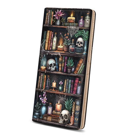 Immaturus Womens Wallet, Goth Skull Bookshelf Slim Thin RFID Blocking Credit Card Wallets, Long Bifold PU Leather Card Holder Organizer, Cash Clutch Billfold with Zipper Coin Pocket Ladies Girls Gift