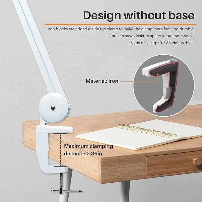 Task Lamp with Clamp, 23 Inch Lamp Head, Bright 182PCS LEDs,5 Color Temperatures, 5 Brightness Levels, Metal Swing Arm 24W 2200 Lumen Dimmable Led Desk Lamp (White, CCT)